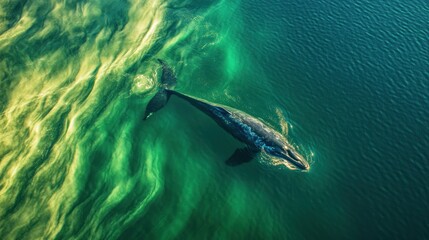 Obraz premium Aerial view of a whale swimming in vibrant green water.