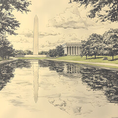 Washington monument reflecting in the reflecting pool with lincoln memorial in background