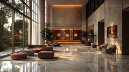 Luxurious hotel lobby with marble floors and large windows showing tropical garden