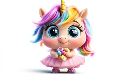 Cute rainbow-haired baby unicorn in pink dress holding candy.