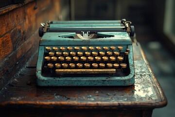 Vintage typewriter sitting on wooden desk evokes nostalgia and history