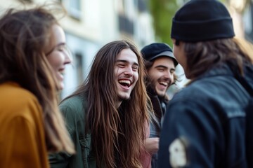 Obraz premium A group of friends laughing and talking together, showcasing the importance of social interaction in their healthy lifestyle