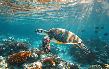 Obraz premium A stunning underwater reef filled with tropical fish, vibrant corals, and sea turtles gliding gracefully, bathed in sunlight