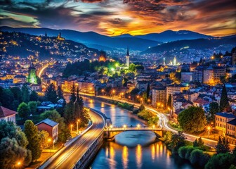 Fototapeta premium Sarajevo Night Lights Long Exposure Photography - Bosnia & Herzegovina Capital Cityscape