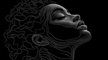 Monochrome Contours, A Serene Profile in Flowing Lines on Black Canvas