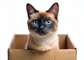Sassy Siamese Cat Poker Face: Bossy Feline in Cardboard Box on White