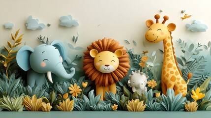 Playful group of 3d animals in a lush jungle setting