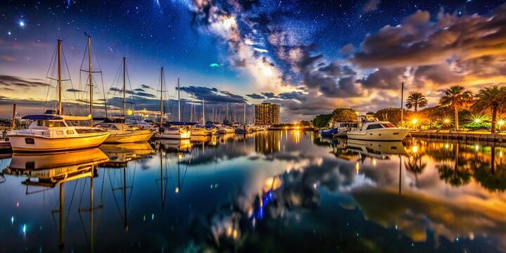 Sarasota Marina Night Scene: Boats Moored at Dock Under Starry Sky