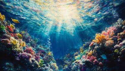 Fototapeta premium A vibrant underwater tropical scene with colorful coral reefs, exotic fish, and shimmering sunlight piercing through crystalclear water