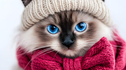 Charming Birman Cat with Cozy Hat and Stylish Bow - A Portrait of Feline Elegance