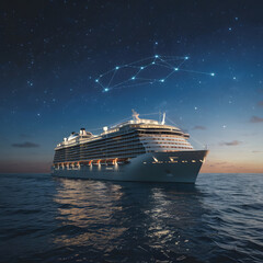 large cruise ship in the ocean at night through deep blue water under a starry night sky, dreamlike quality, AI generated