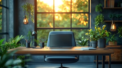 Modern home office with plants and sunset view promoting wellbeing