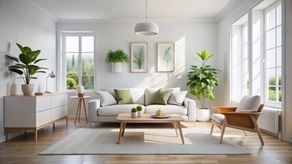 Fototapeta premium Scandinavian Minimalist Living Room: Bright White Interior Design Stock Photo