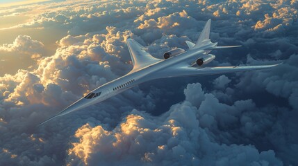 Fototapeta premium Supersonic airplane flying over clouds at sunset