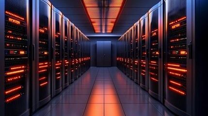 Illuminated server room with rows of data center racks.