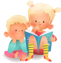 Cute little girl and boy reading a book together. Brother and sister children study or learn to read book. Character design for kids education. Watercolor colored vector clip art cartoon illustration.