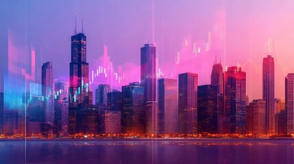 Obraz premium City skyline at sunset with superimposed stock market graph.