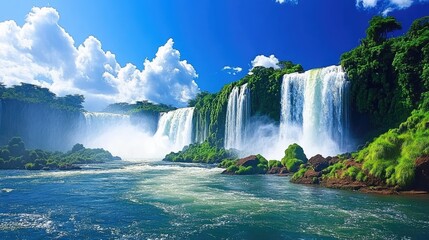Fototapeta premium Majestic Iguazu Falls cascading under a vibrant blue sky