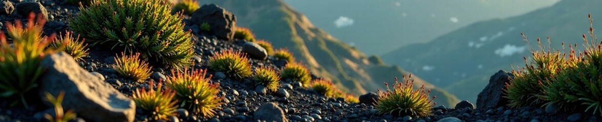 Low-growing shrubs on a rocky volcanic soil hillside, plant life, rocky, soil
