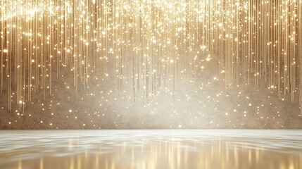Luxurious golden and white background with sparkle and glitters, stage light from the floor in golden or white shades