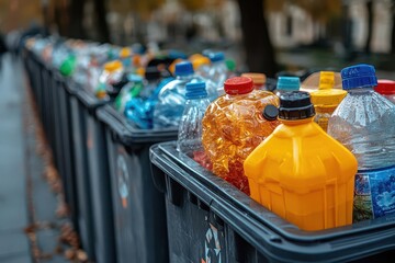 a closeup shot of a recycling bin next to a garbage bin both filled with contrasting waste items highlighting the importance of sustainability and waste management in a visually engaging manner