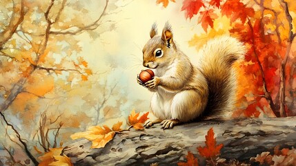 A squirrel sitting on a log eating an acorn with autumn