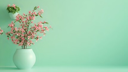 A soft mint green backdrop featuring a flower pot in the upper left corner and a fresh, open layout