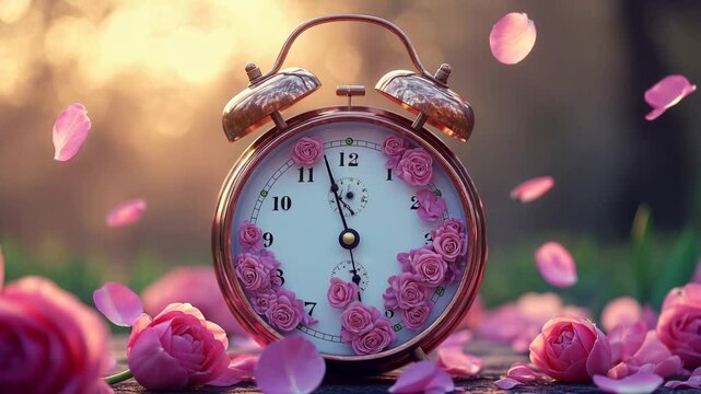 Artistic alarm clock releases petals of roses, tulips, and lilacs instead of sound, symbolizing the awakening of spring and nature's vibrant renewal