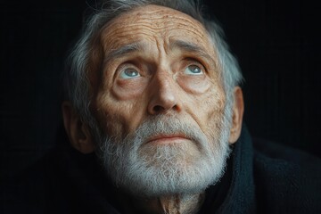 a collage portrait of an old man with a beggars expression looking up with hope for a brighter future reflecting the deep emotions of longing and aspiration in a poignant setting