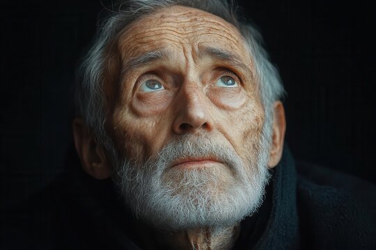 a collage portrait of an old man with a beggars expression looking up with hope for a brighter future reflecting the deep emotions of longing and aspiration in a poignant setting