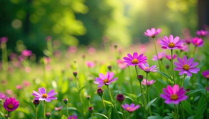 Pink and purple wildflowers in a field of lush green foliage, nature, flowers