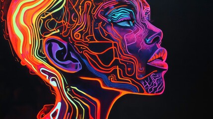 A Vibrant Abstract Representation of the Humanoid Head Intertwined with Neon Circuits, Spotlighting Human Intellect and Creativity