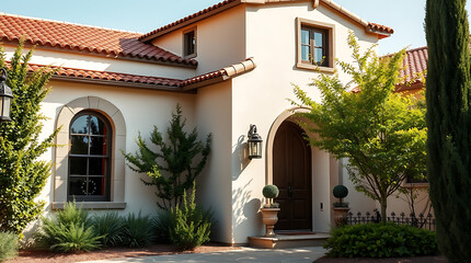 A Mediterranean-style house with stucco walls, a terracotta tile roof, arched windows and entryway, and landscaping including shrubs and trees.  The house is light beige with brown accents.