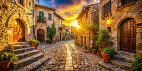Fototapeta premium Sellia's Architectural Marvel: Sun-Drenched Stone Buildings & Cobblestone Streets