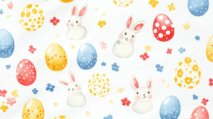 Beautiful patterns on Easter-themed eggs and rabbit on a white fabric. Easter day concepts. Generative AI Illustration.