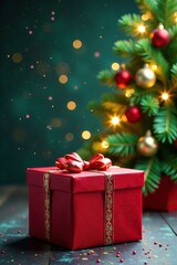 Red box under Christmas tree with ornaments and lights, ornaments, sparkling decorations, festive colors