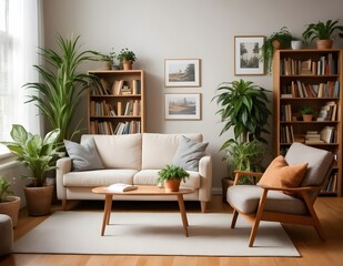 A cozy and minimalist living room featuring a cream-colored sofa with an orange cushion, a wooden table, green indoor plants, bookshelves, wall art, and natural light streaming through white curtains.