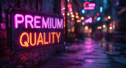 Premium quality neon sign with vibrant colors and atmospheric urban street background