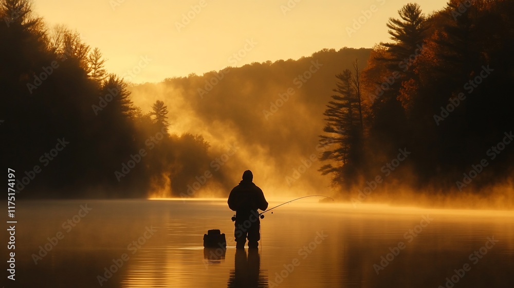 Sticker Silhouetted angler fishing at sunrise on a misty lake.