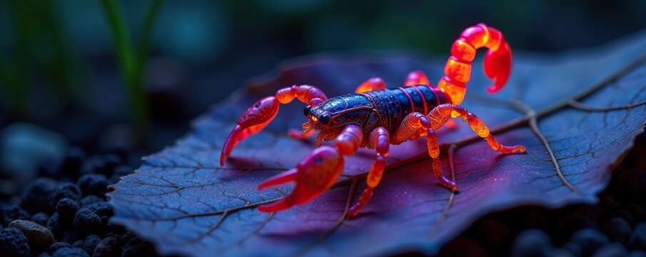Scorpion Buthus occitanus glowing with UV light on a dry leaf, scorpion, Buthus occitanus