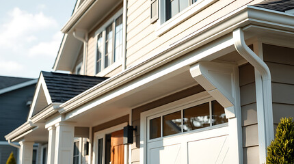 Residential House Exterior with White Gutters and Garage Door