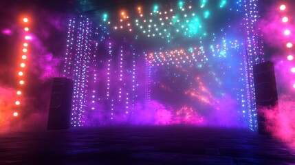 Neon lights illuminate a smoky stage with speakers and a vibrant archway, creating a futuristic, atmospheric scene.