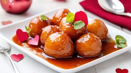 Delicious Sweet Dessert with Golden Dumplings and Heart Decorations