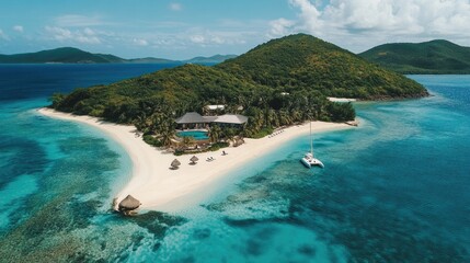 Obraz premium Tropical Island Paradise Resort Featuring Private Beach and Yacht
