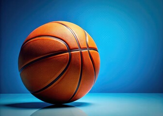 Vibrant orange basketball pops against a serene blue studio backdrop, offering ample copy space.