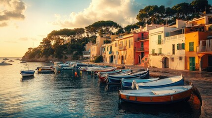 Fototapeta premium Colorful Mediterranean village harbor sunrise boats
