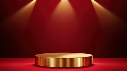 Chinese New Year podium and backdrop. Empty golden stage with red background and spotlight illumination.
