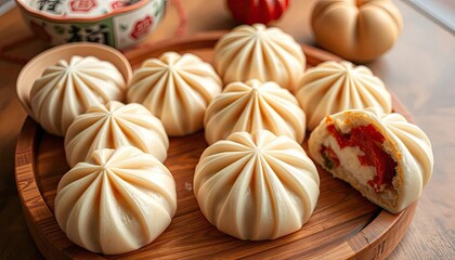 Steamed buns, filled with vegetables, on wooden plate, displayed on table. Possible use food photography