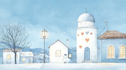 Naklejka premium Snowy winter scene featuring charming buildings with hearts serene village watercolor art