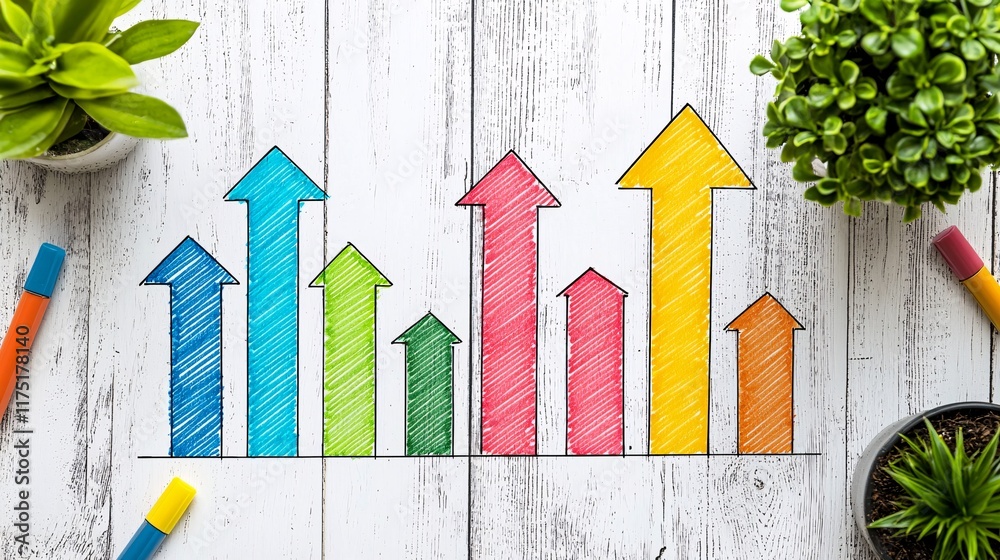 Poster savings goals chart drawn with colorful markers on white paper stock photo with side copy space